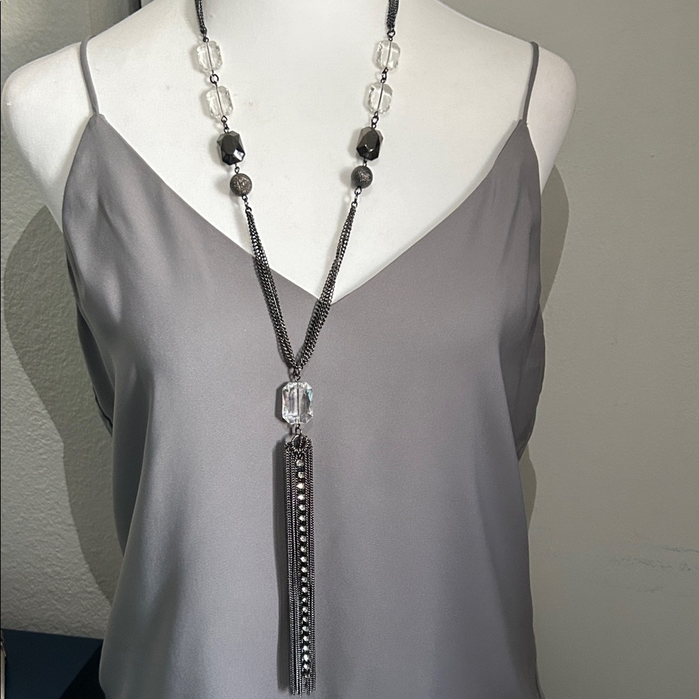 Striking Retro Inspired Gunmetal Multi-Bead Rhinestone Lariat Tassel Necklace
